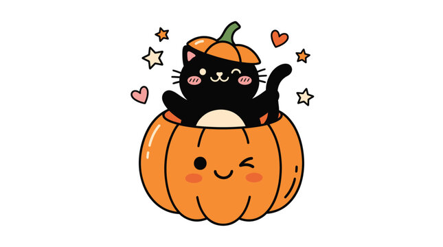 Cute black cat sitting in a happy pumpkin for halloween