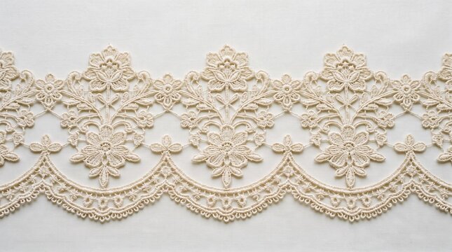 Decorative cream colored fabric trim featuring intricate floral embroidery patterns arranged in a repetitive scalloped row for tailoring garment embellishments or sewing artistic textile craft
