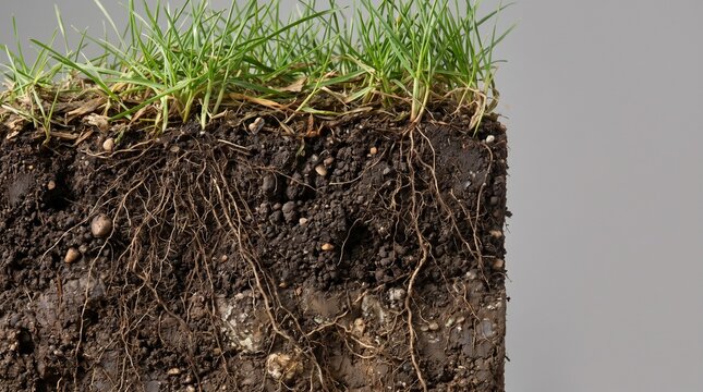 Studio isolated square block of green grass growing in rich soil showing a detailed underground root network