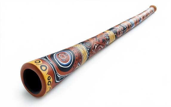 Traditional Didgeridoo with Hand Painted Tribal Design Isolated on white background.