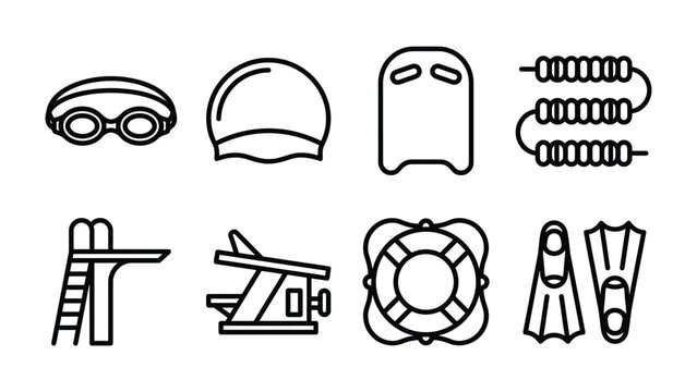 Swimming Equipment Icons: A collection of line art icons depicting essential swimming gear, including goggles, cap, kickboard, lane ropes, diving board, starting block, lifebuoy, and fins.