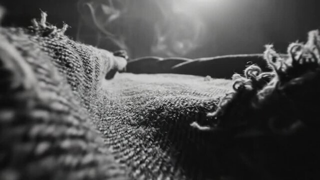 Low Angle Close Up of Torn Fabric with Frayed Edges, Rising Smoke, and Atmospheric Lighting in Black and White