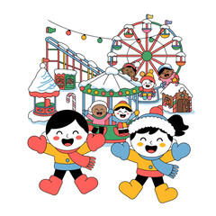 Naklejka premium Children Playing at Winter Carnival with Ferris Wheel and Carousel, Festive Snowy Amusement Park Scene