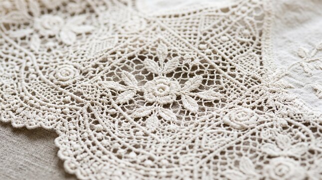 Delicate antique handmade needlepoint lace textile featuring intricate floral patterns and ornate openwork weave textures for vintage fashion projects and traditional home decor textile craft