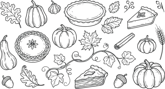 Autumn pumpkin pie line art vector set with thanksgiving baked pie slice squash oak leaves acorn and vine collection