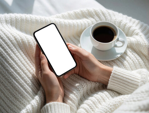 Person holds smartphone with blank white screen in hands. Relaxing morning at home with hot coffee cup on white knit blanket. Woman uses mobile device in bed for browsing social media. Cozy lifestyle