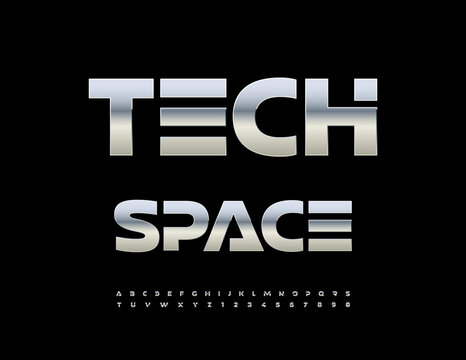 Vector Silver logo Cyber Space. Trendy Futuristic style Font. Stylish Metallic set of Digital Alphabet Letters and Numbers.