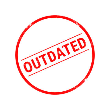 A bright red circular rubber stamp design featuring the word outdated written in bold capital letters isolated on a clean white background