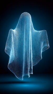 Glowing blue wireframe ghost floating in dark space for futuristic cyber halloween concept or virtual reality horror game design