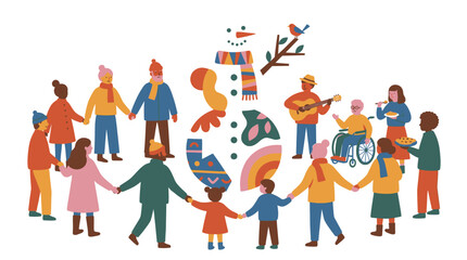 Fototapeta premium Diverse group of people holding hands around a snowman