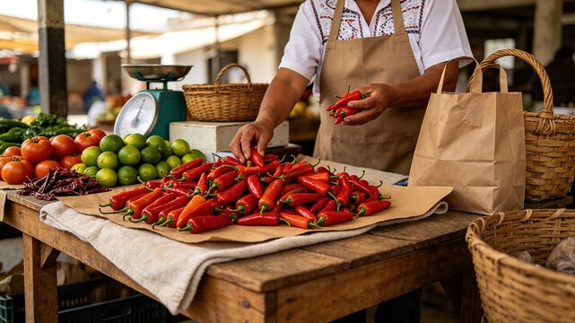 Farmer market vendor arranging fresh red chili peppers on wooden stall, Organic local produce scene for healthy food marketing, farm retail website, grocery blog.