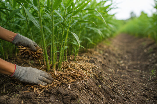 Hands wearing gloves adding mulch to ginger root plants in green field to improve soil and bring fresh produce to table