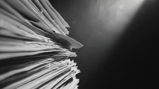 Low angle black and white shot of a large stack of papers with a bright spotlight reflecting on them