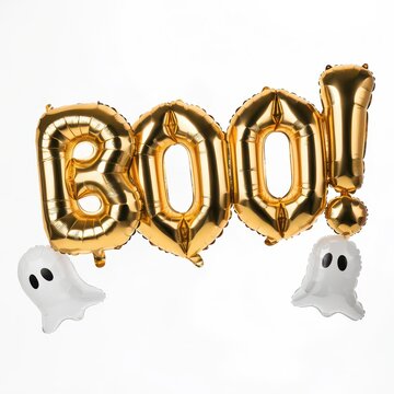 Gold foil balloons spelling BOO with white ghost balloons