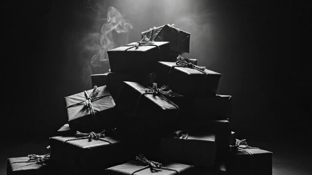 Mysterious stack of vintage gifts with rope, twine, and mysterious smoke in monochrome