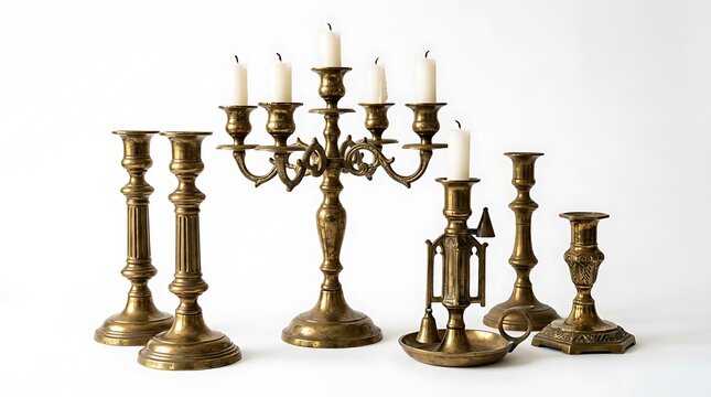 Collection of antique brass candlesticks and ornate candelabra on white.