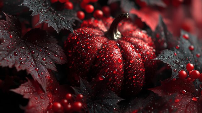 Dark red pumpkin covered with water drops among moody autumn foliage and berries