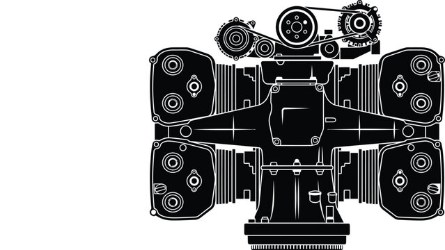 Boxer engine vector illustration, flat black internal combustion machinery component silhouette