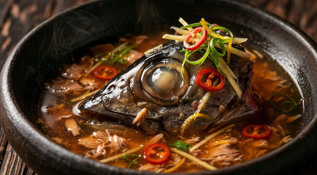  Rustic bowl of hot fish head soup with vegetables, ginger and chili served with lime and soy dipping sauce.