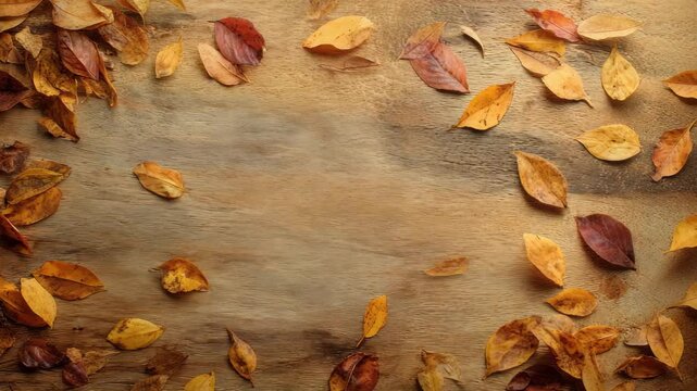 Overhead shot display autumn leaves scatter on wooden surface. Warm, rustic tones evoke fall. Ideal for seasonal designs, text overlays, or background. Capture autumn's beauty with this image.