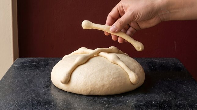 Baking Pan de Muerto. Hand placing bone shaped dough on Mexican sweet bread loaf. Traditional Day of the Dead preparation