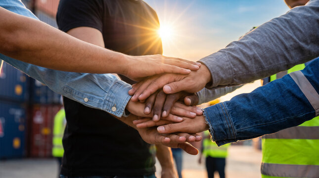 Diverse workers stacking hands together at sunset near a container yard, symbolizing teamwork and unity