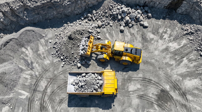 Aerial drone view of a yellow wheel loader scooping rocks and loading a dump truck at an open-pit quarry site