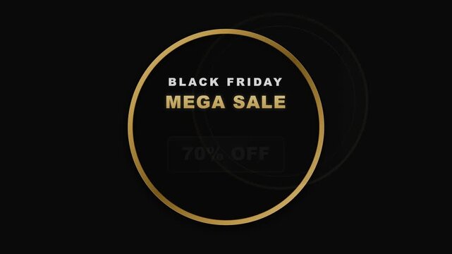 Elegant Black Friday mega sale discount badge featuring a premium metallic gold ring assembling around bold promotional typography on a dark background. Designed for e-commerce advertising, retail pro