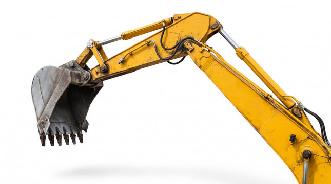 Close-up of a heavy yellow excavator arm with bucket and hydraulic system isolated on white, ideal for construction themes