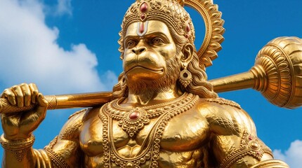 Fototapeta premium Majestic golden Hanuman statue stands against blue sky with white clouds. Powerful monkey god holds large mace weapon. Ornate sculpture shows muscular deity with intricate jewellery, divine