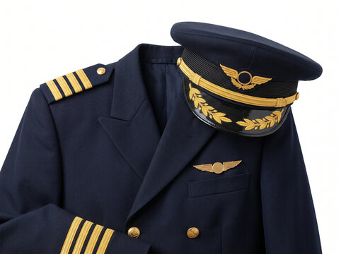 Pilot uniform with hat and epaulettes on white background  