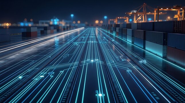 High speed digital data transmission lines moving through industrial shipping container yard at night representing smart logistics and advanced automated freight management systems