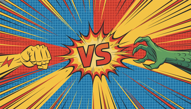Pop art comic confrontation illustration featuring a human fist versus a green monster hand with a loud vs explosion.