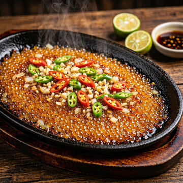  Sizzling fish roe topped with chopped garlic and red and green chilies, served with lime and dipping sauce.