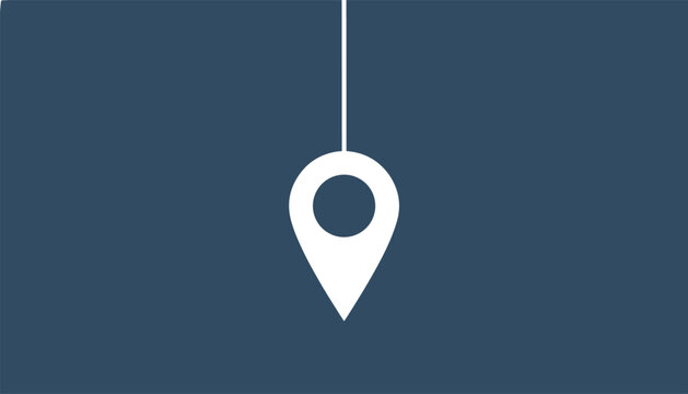 Minimal location pin icon hanging by a vertical string on a solid dark blue background for navigation concept.
