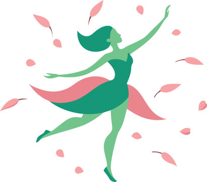 Happy woman dancing with falling flower petals Vector
