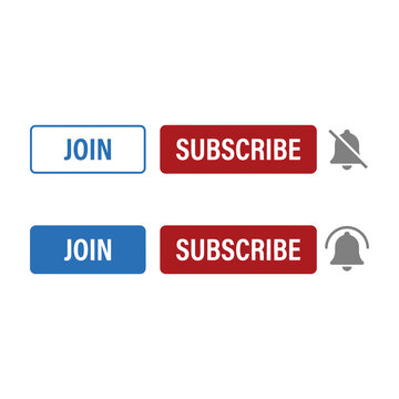 Social media subscribe and join buttons with notification bell icons set isolated white background