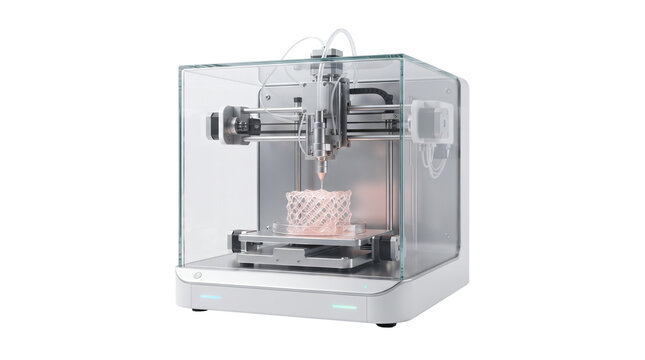Modern 3D printer with glass enclosure, industrial desktop additive manufacturing machine, high-tech rapid prototyping equipment on white background
