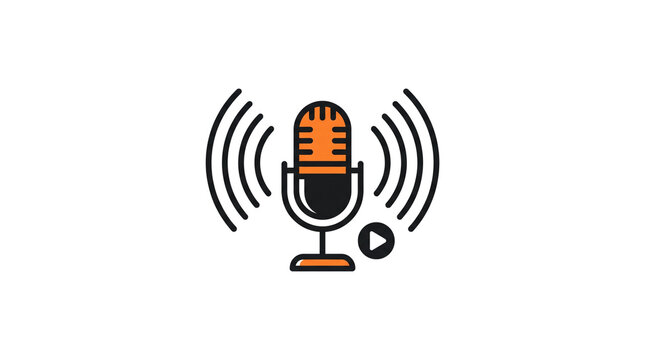 Minimalist podcast microphone icon, orange and black studio mic with sound waves, digital broadcast and recording symbol