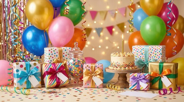 Vibrant Birthday Celebration with Cake, Gifts, Balloons, and Confetti