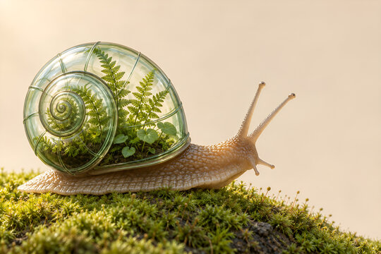 Surreal snail with a glass greenhouse shell on moss
