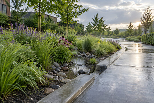 Urban rain garden with grasses and purple flowers
