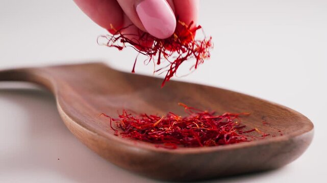 Close-up of delicate red saffron threads served in a wooden spoon on a clean white background, showcasing a premium culinary spice and natural ingredient. High quality 4k footage