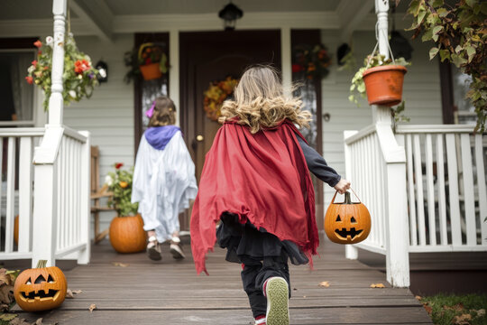 Children trick-or-treating in costumes with pumpkins on a festive halloween porch
