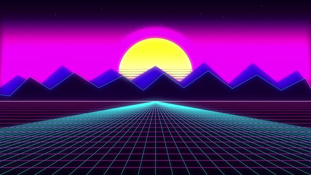 Retro wave horizon landscape with neon lights and pixel sun, 80s style digital retrofuturistic background