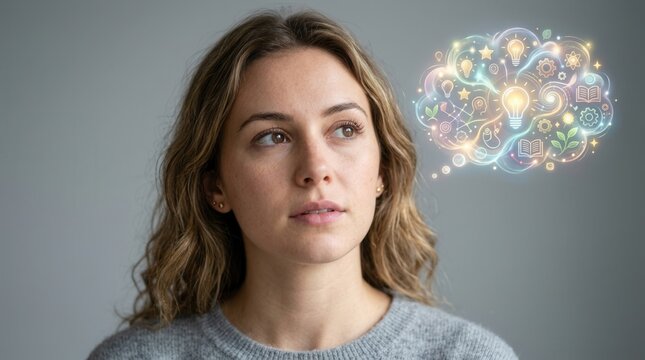 Young woman deep in thought with a vibrant, abstract idea cloud symbolizing creativity, innovation, and knowledge.