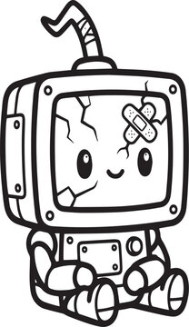 Cute broken robot with cracked screen and bandage, vector coloring page line art illustration