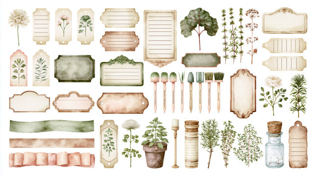 Watercolor vintage gardening label and tag set with botanical elements, herbs, and ribbons isolated on white background