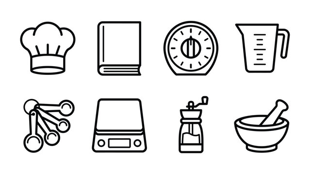 Kitchen Tools Icon Set: A collection of outline icons representing essential kitchen tools, including a chef's hat, cookbook, timer, measuring cup, measuring spoons, digital scale, spice grinder.