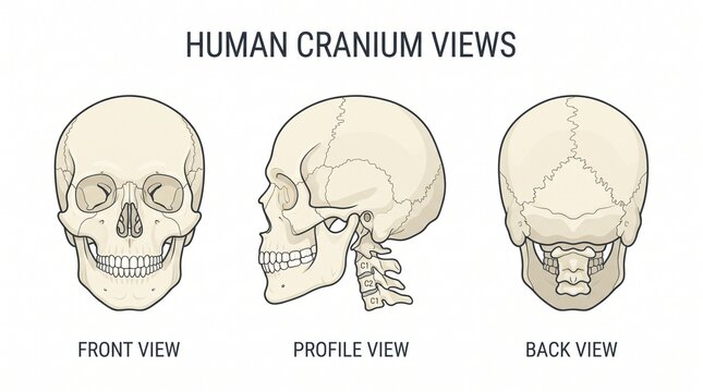 Educational Medical Chart Showing Front Side and Back Views of Human Cranium Skull
